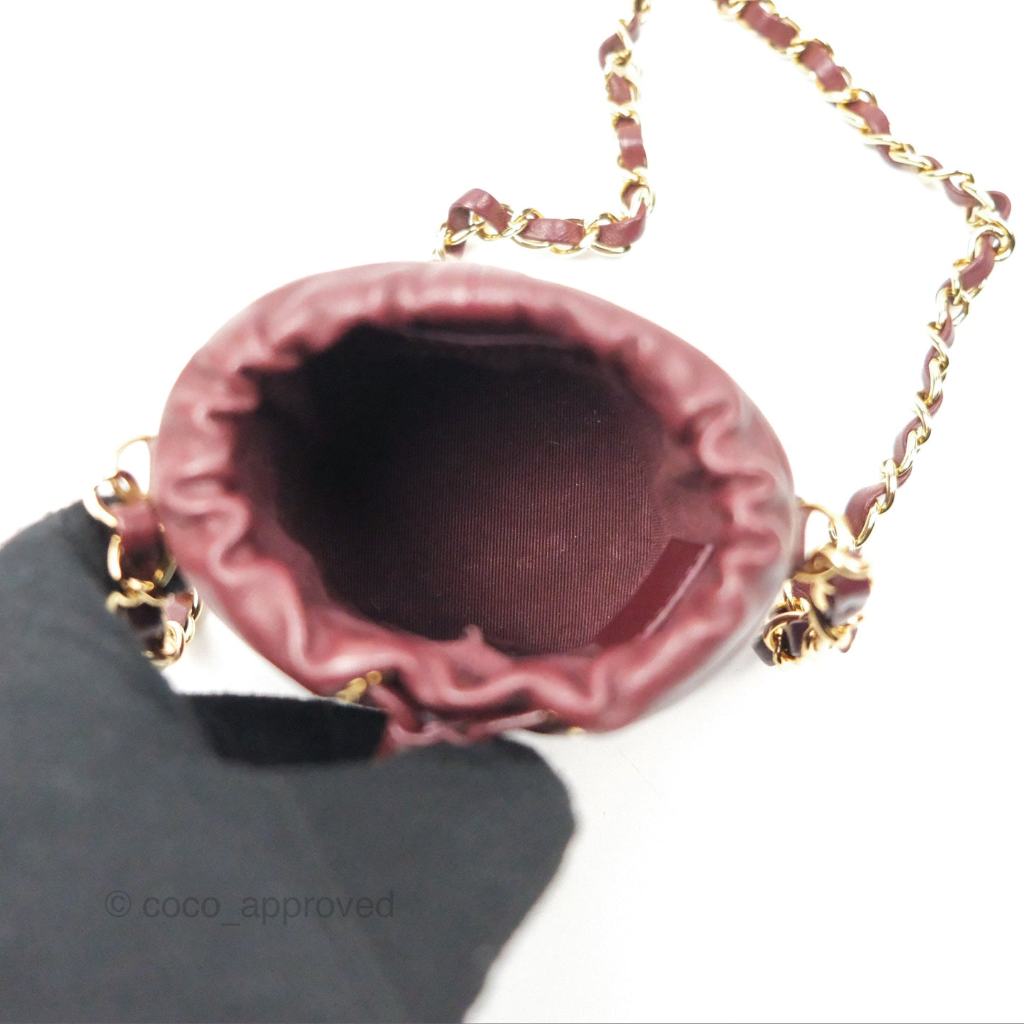 Chanel Mini Bucket Bag with Fluffy Chain Burgundy Lambskin Gold Hardware