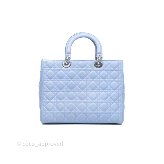Christian Dior Large Lady Dior Cannage Blue Lambskin Silver Hardware
