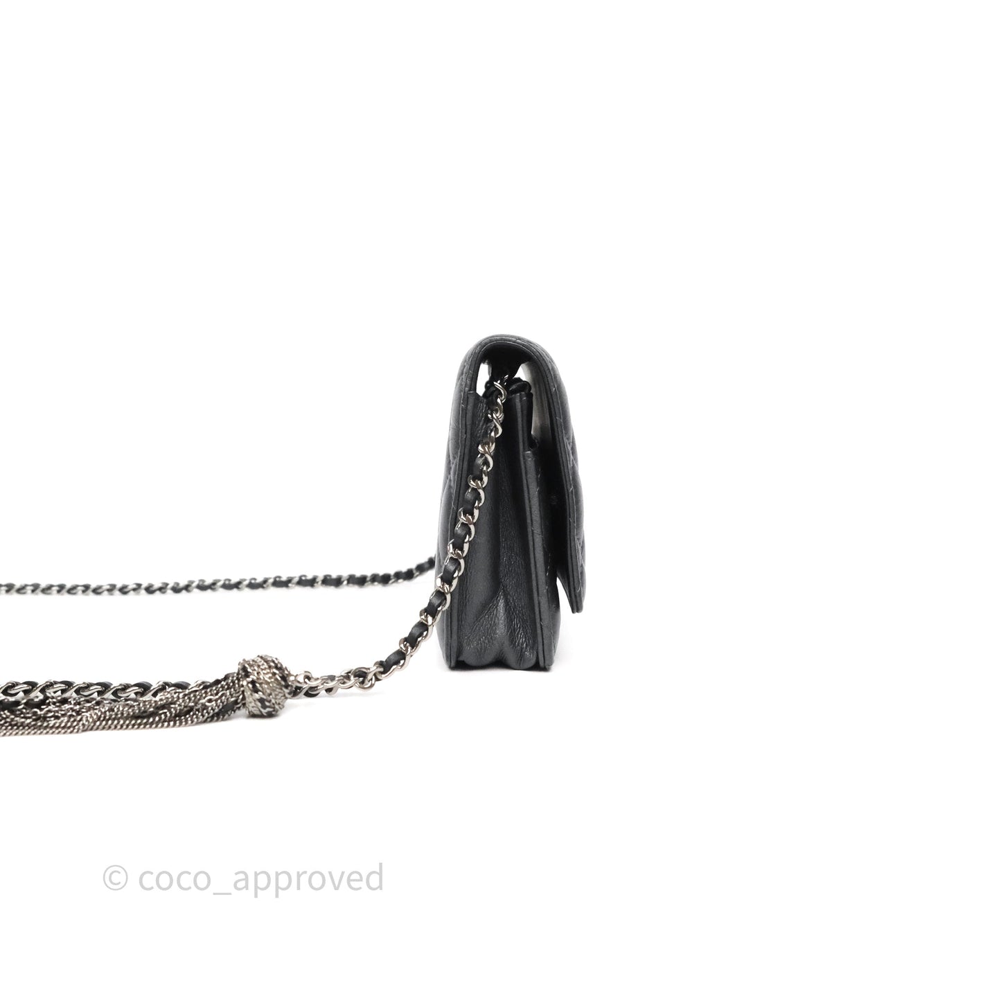 Chanel Tassel Charm Wallet On Chain WOC Iridescent Dark Silver Aged Calfskin
