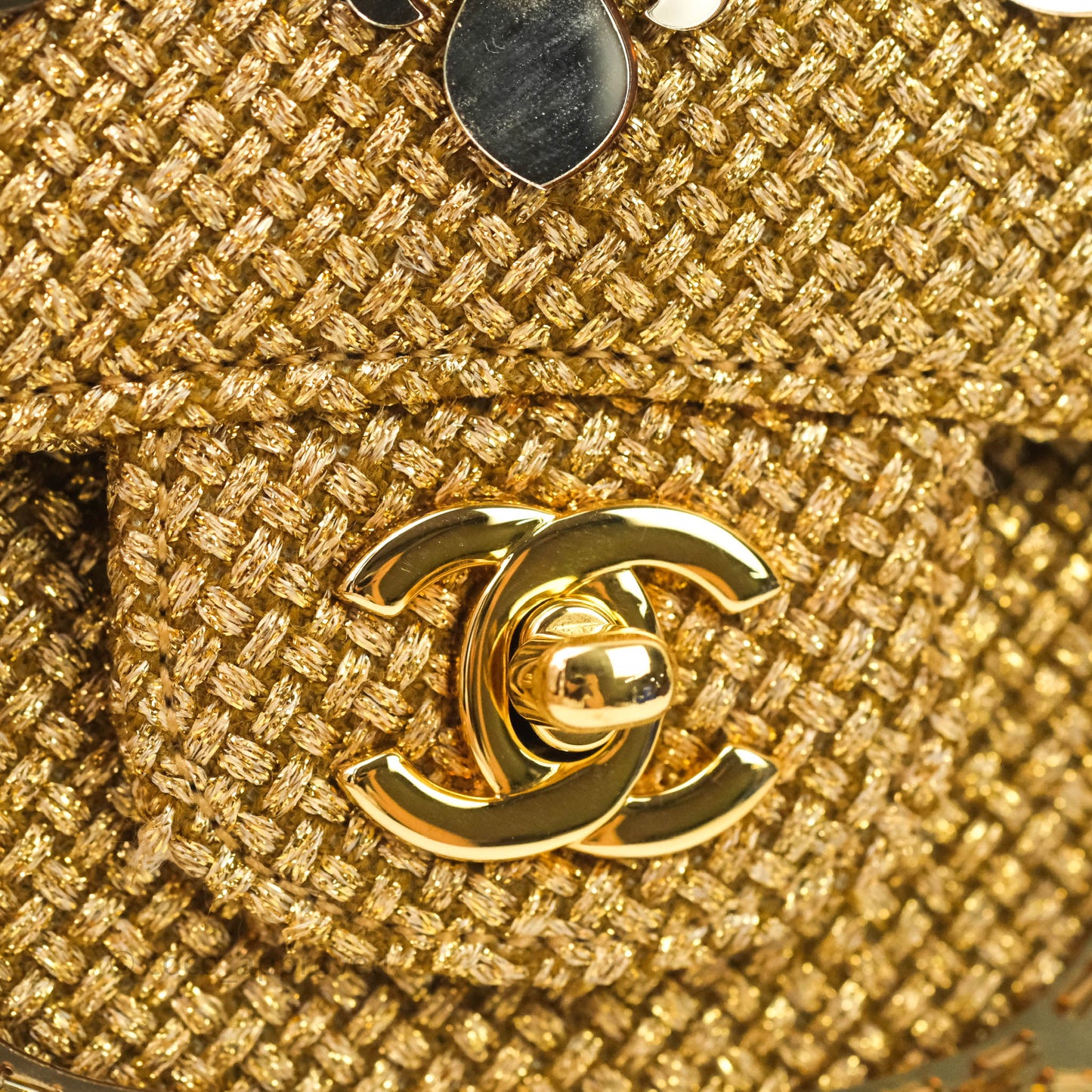 Chanel Classic M/L Medium Double Flap Gold Tweed Mirror Embellished Gold Hardware
