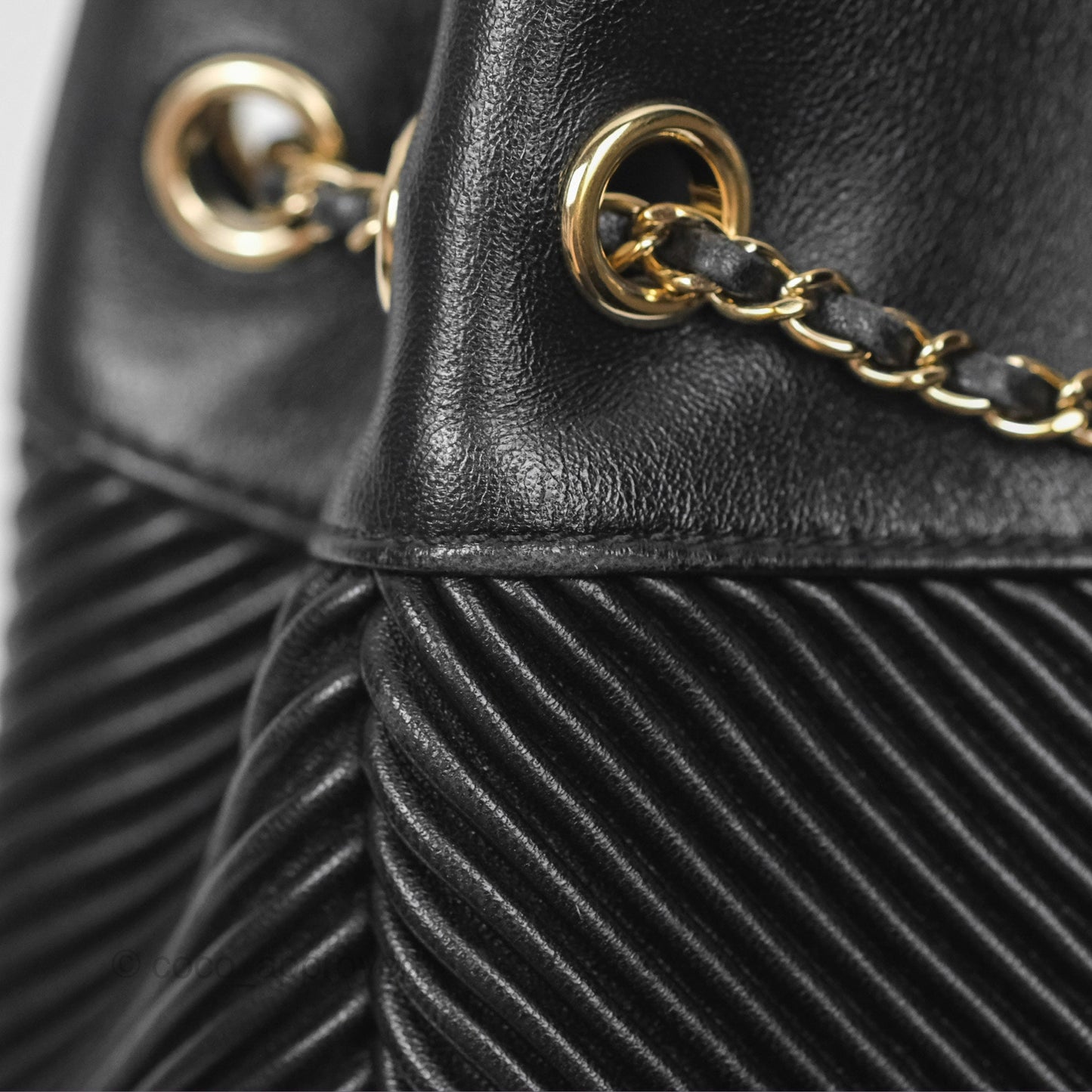 Chanel CC Chain Drawstring Bucket Bag Chevron Black Lambskin Gold Hardware