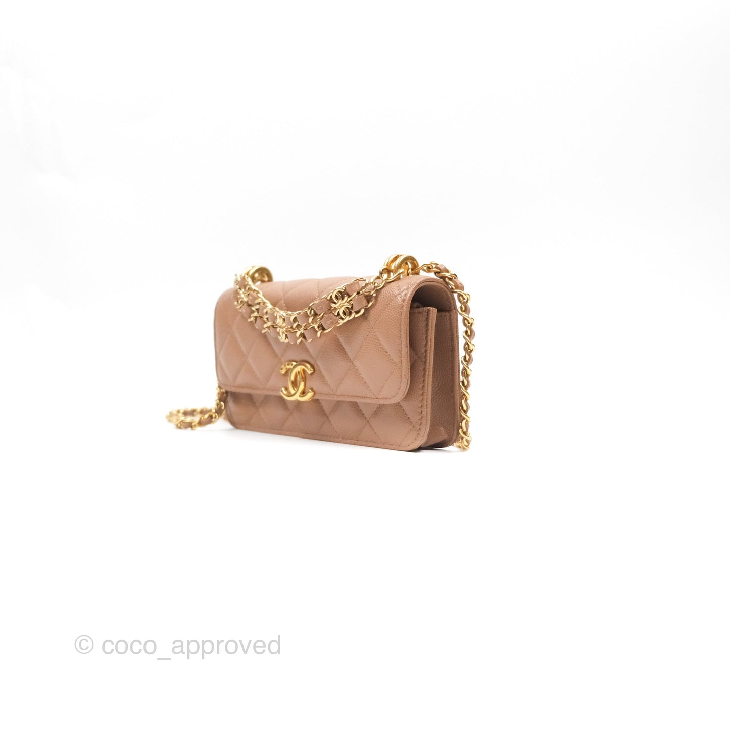 Chanel Coco First Phone Holder Dark Beige Caviar Gold Hardware 22K