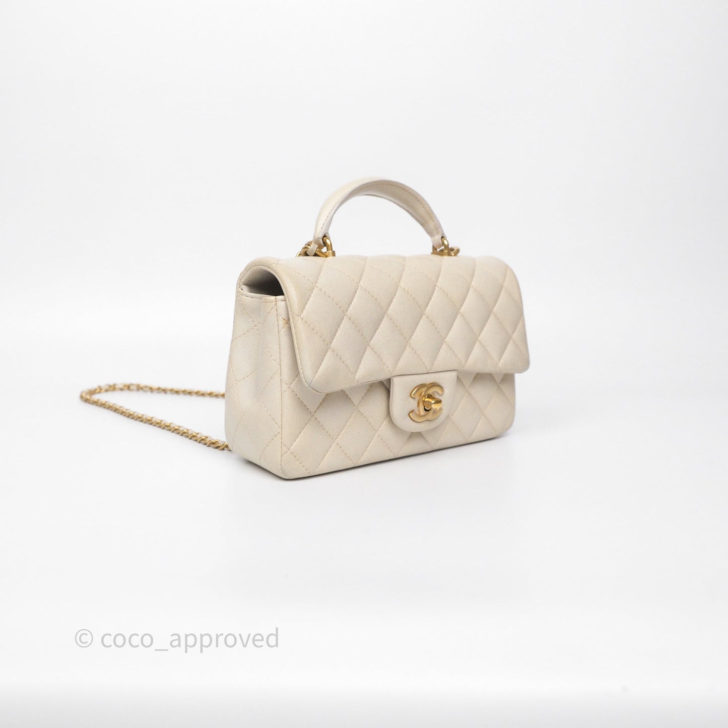 Chanel Top Handle Mini Rectangular Flap Pearly Beige Oat Lambskin Aged Gold Hardware