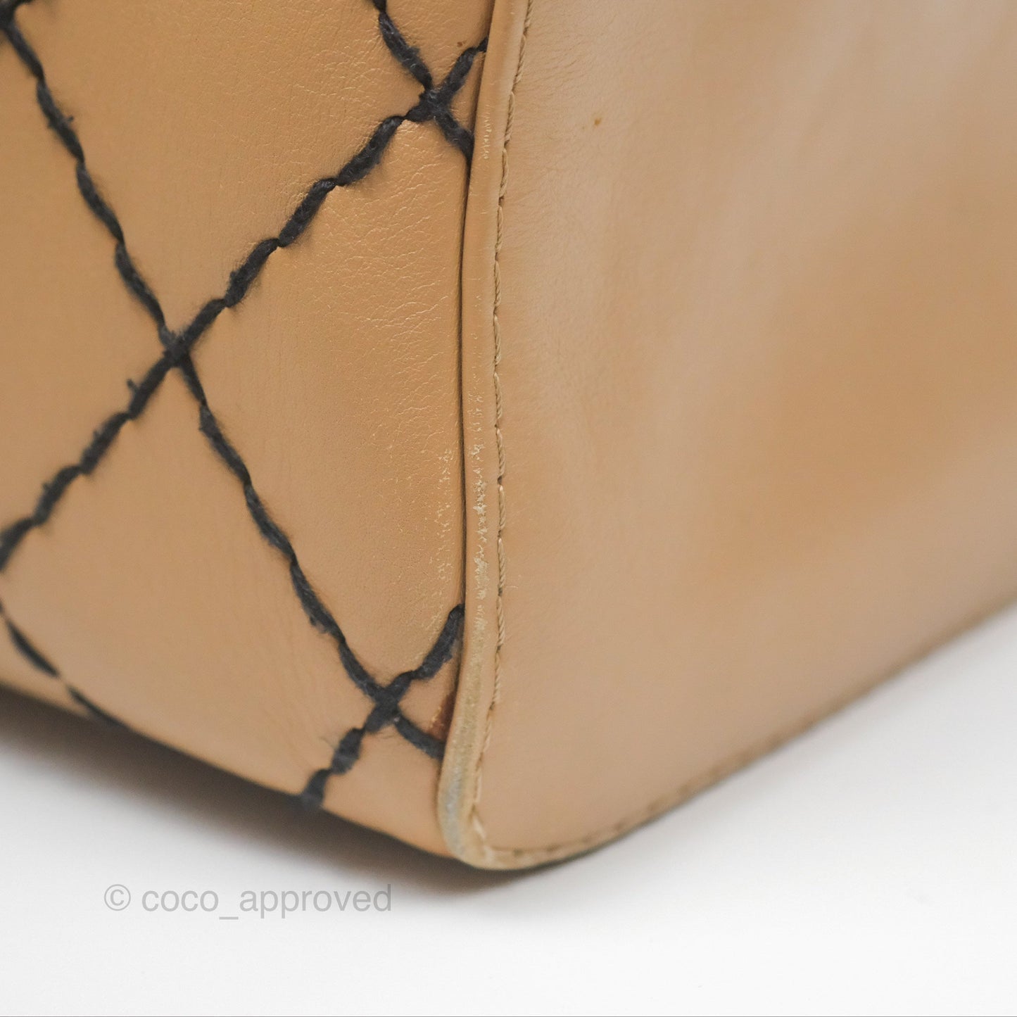 Chanel Contrast Stitch Surpique Bowler Bag Beige Calfskin Matte Black Hardware