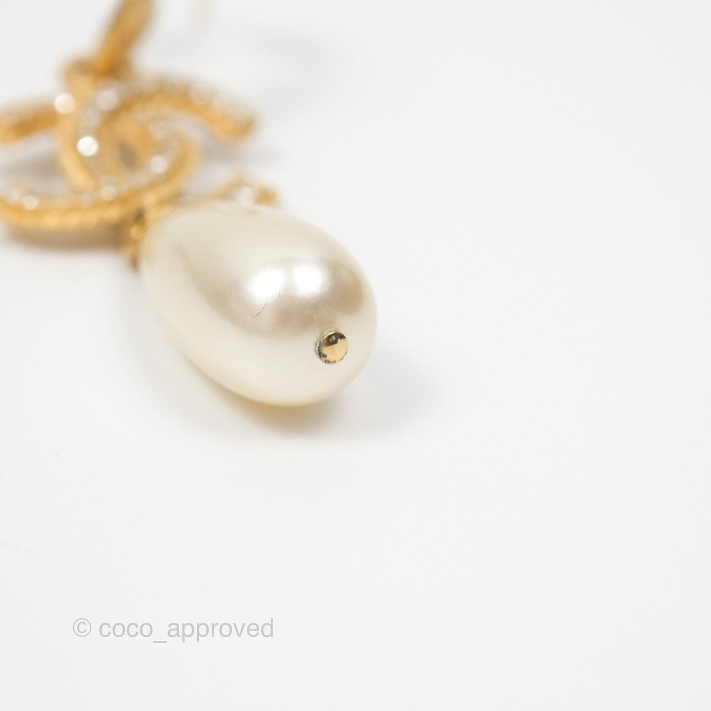 Chanel CC Crystal Pearl Drop Crystal Earrings Matte Gold Tone 20P