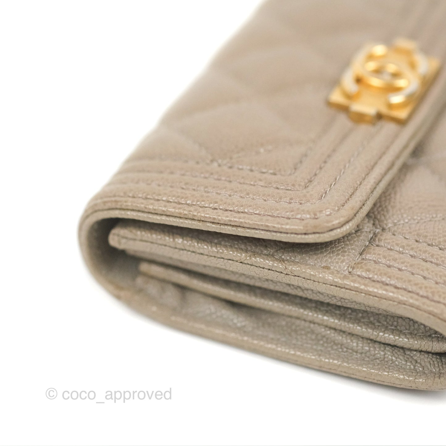 Chanel Quilted Boy Flap Card Holder Taupe Grey Caviar Aged Gold Hardware
