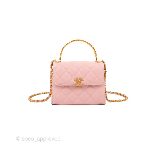 Chanel Enamel Top Handle Clutch with Chain Pink Lambskin Aged Gold Hardware 22B