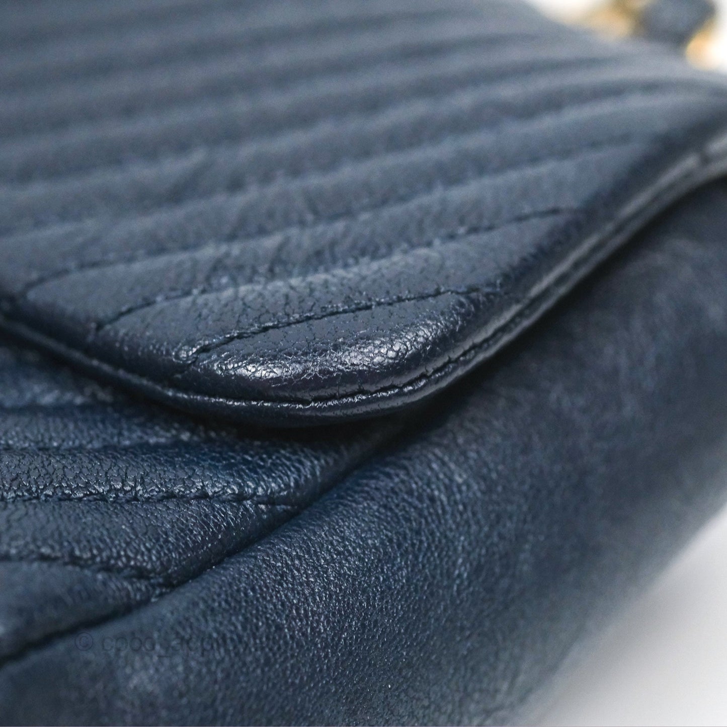 Chanel Small Chevron Surpique Flap Navy Calfskin Aged Gold Hardware