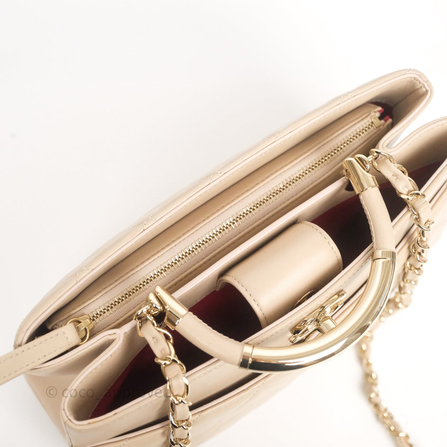 Chanel Quilted Top Handle Carry Chic Bag Beige Lambskin Gold Hardware