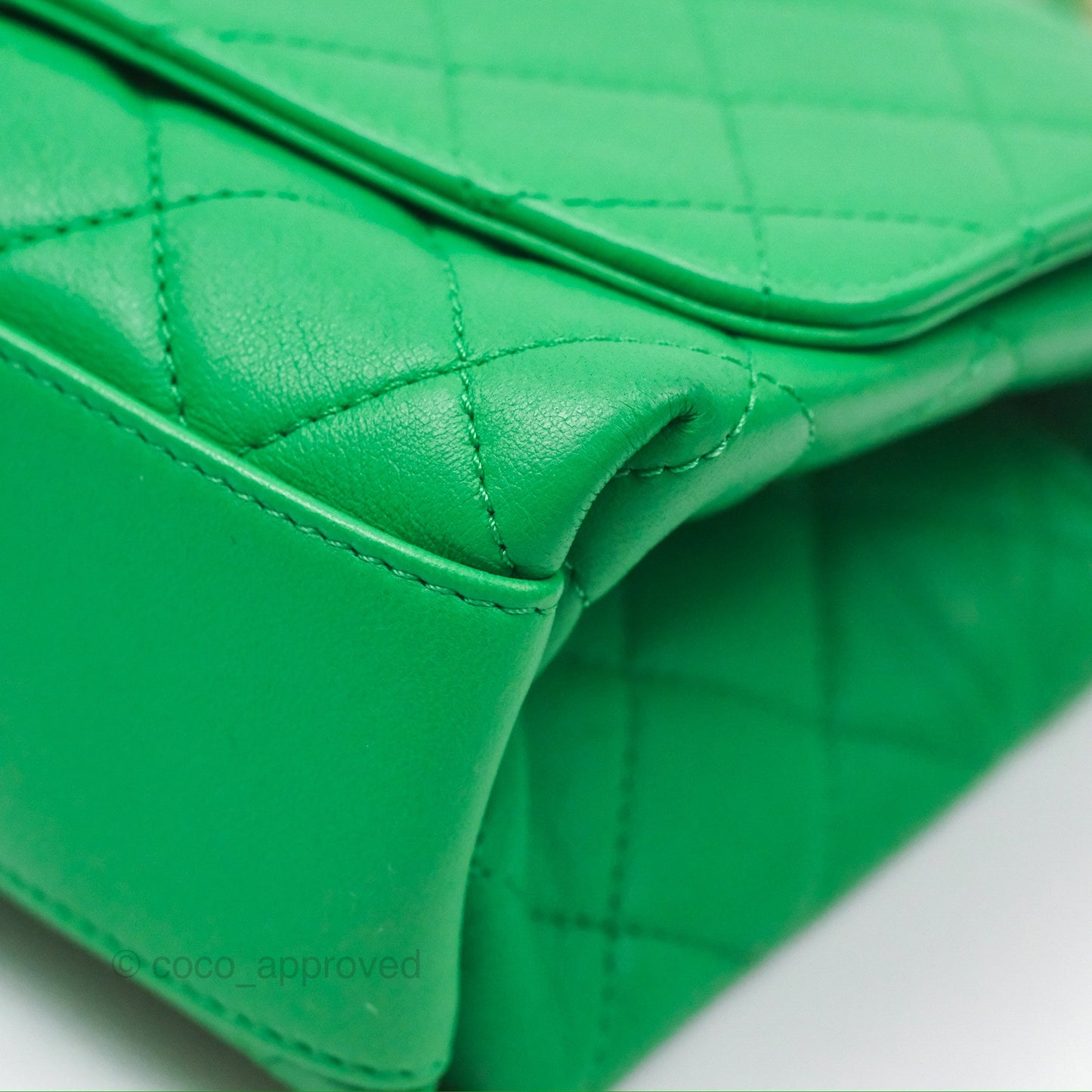 Chanel CC Quilted Flap Bag With Top Handle Green Calfskin Gold Hardware
