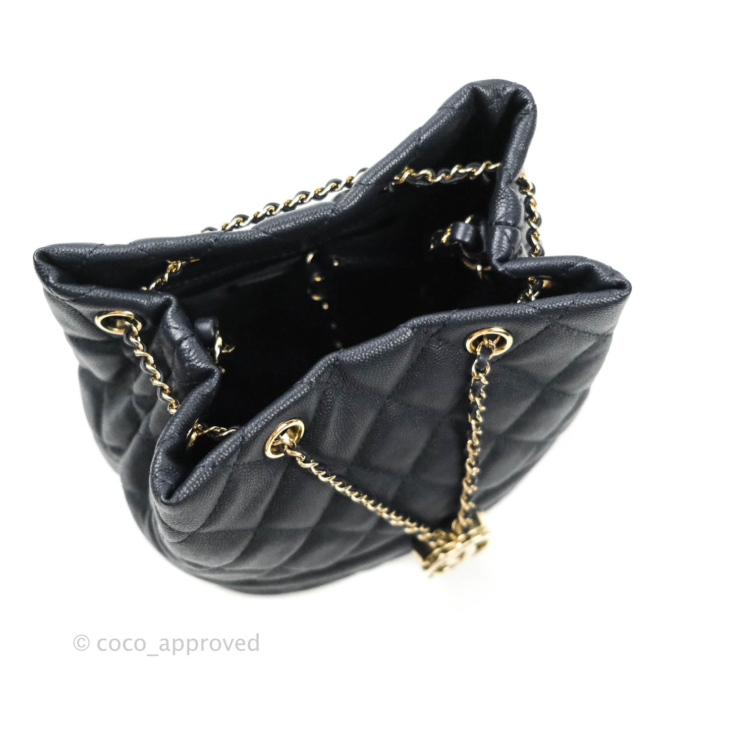 Chanel Caviar Quilted Rolled Up Bucket Drawstring Bag Navy Gold Hardware