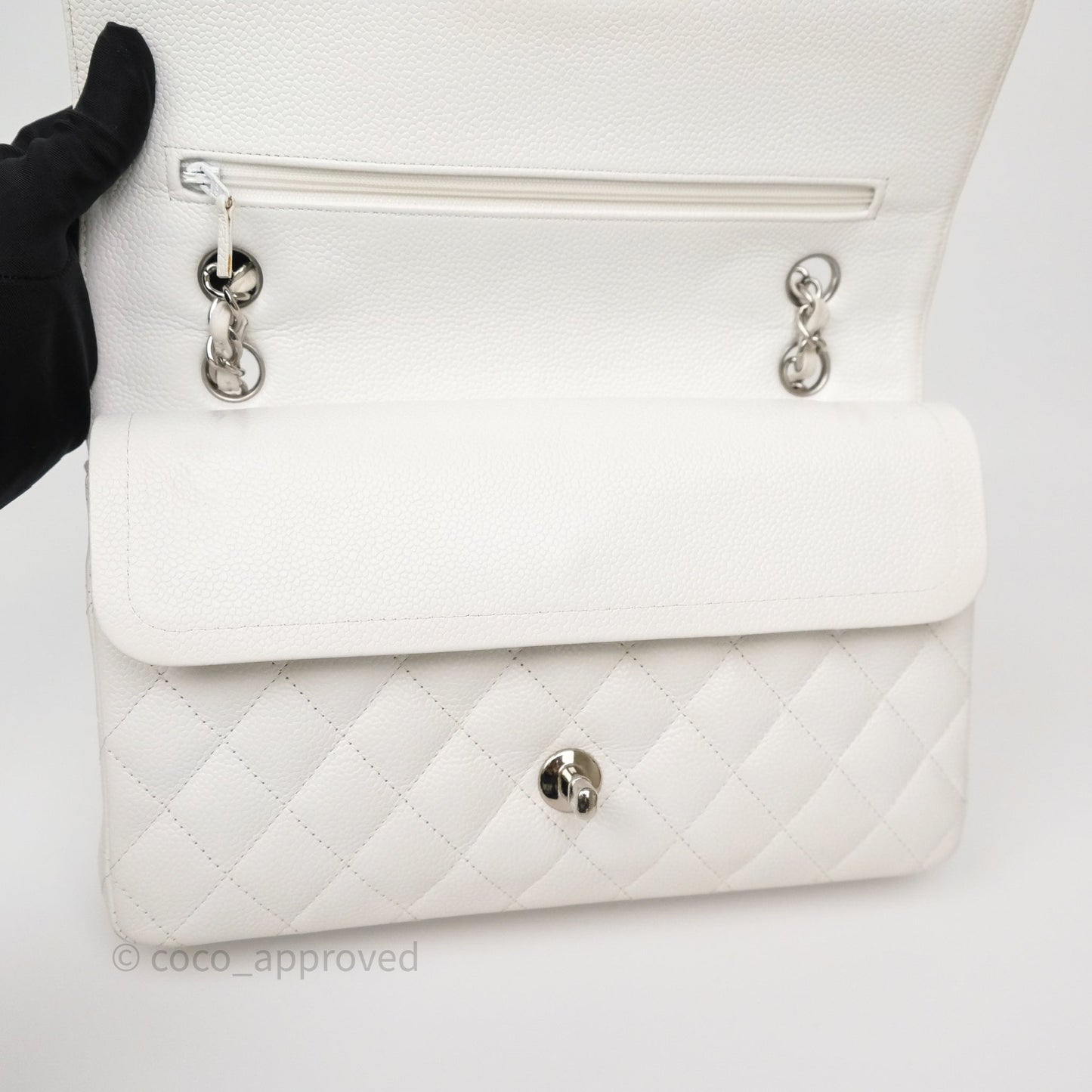 Chanel M/L Medium Classic Flap Quilted White Caviar Silver Hardware