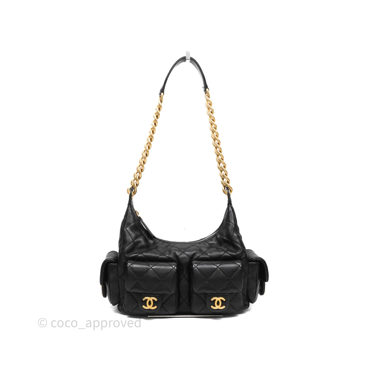Chanel Small Quilted Trendy Double Pocket Hobo Black Lambskin Gold Hardware