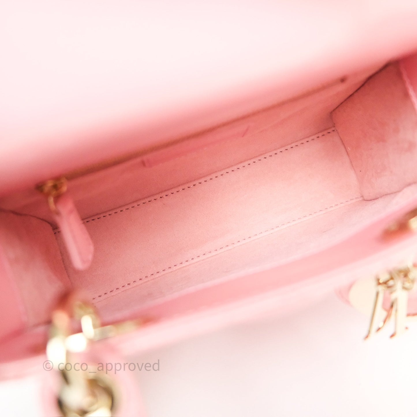 Dior Mini Lady Dior Pink Pearlescent Patent Cannage Gold Hardware