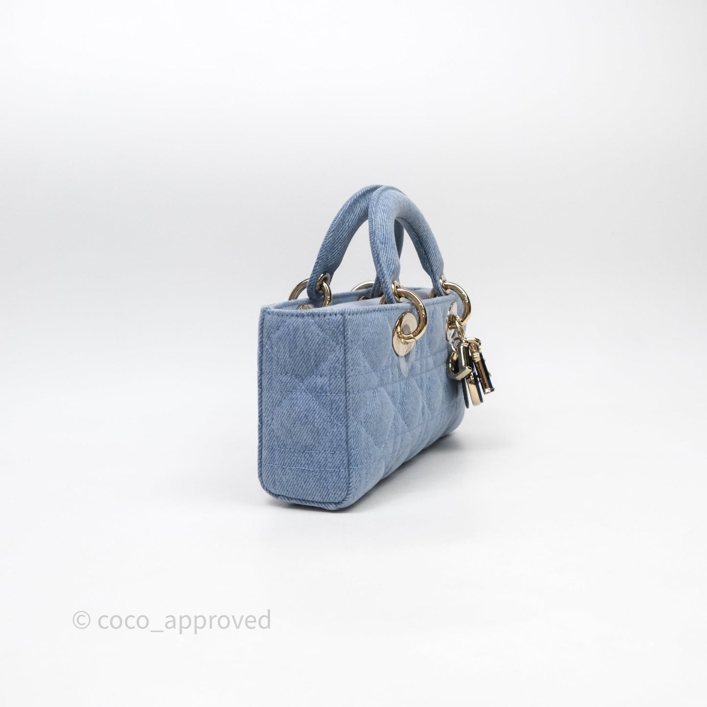 Christian Dior Small Lady D-Joy Bag Washed Blue Denim Cannage Gold Hardware