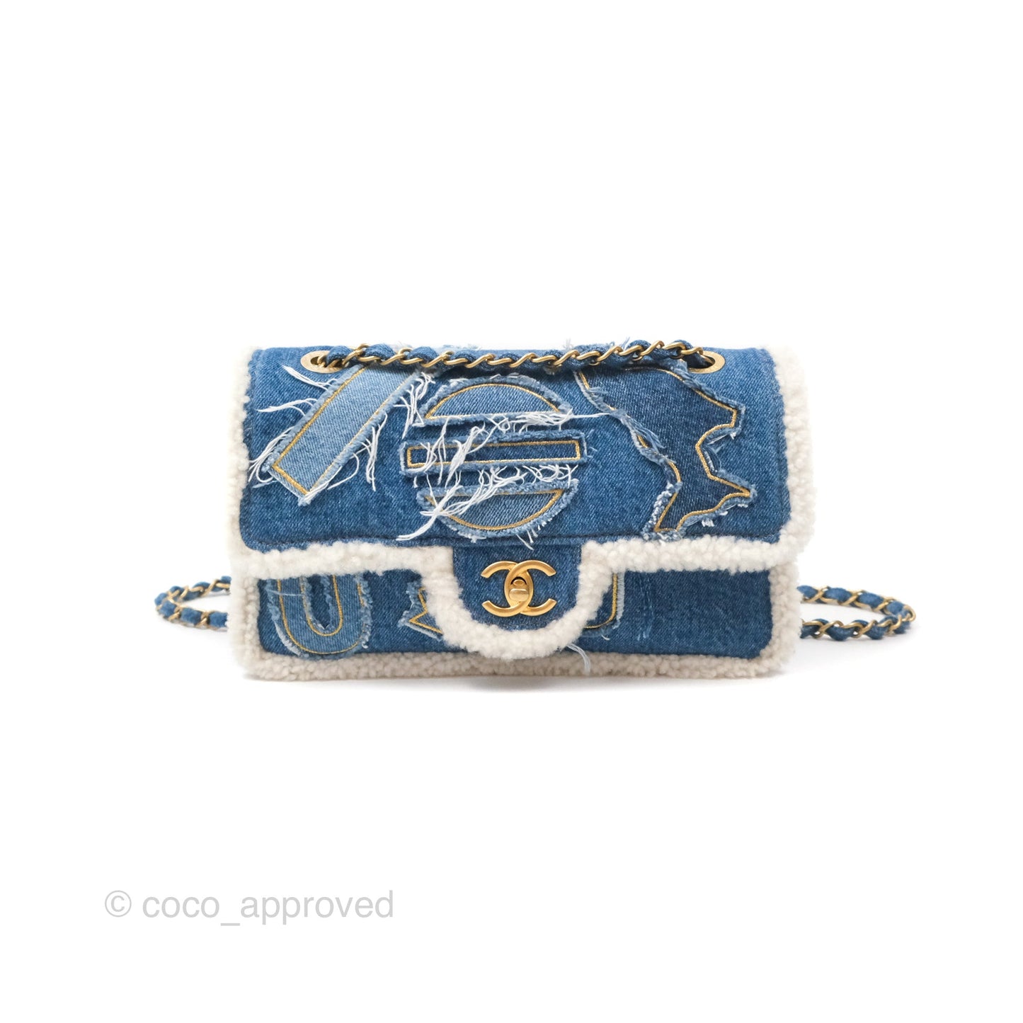 Chanel Medium Denim Shearling Hieroglyph Flap Bag Aged Gold Hardware