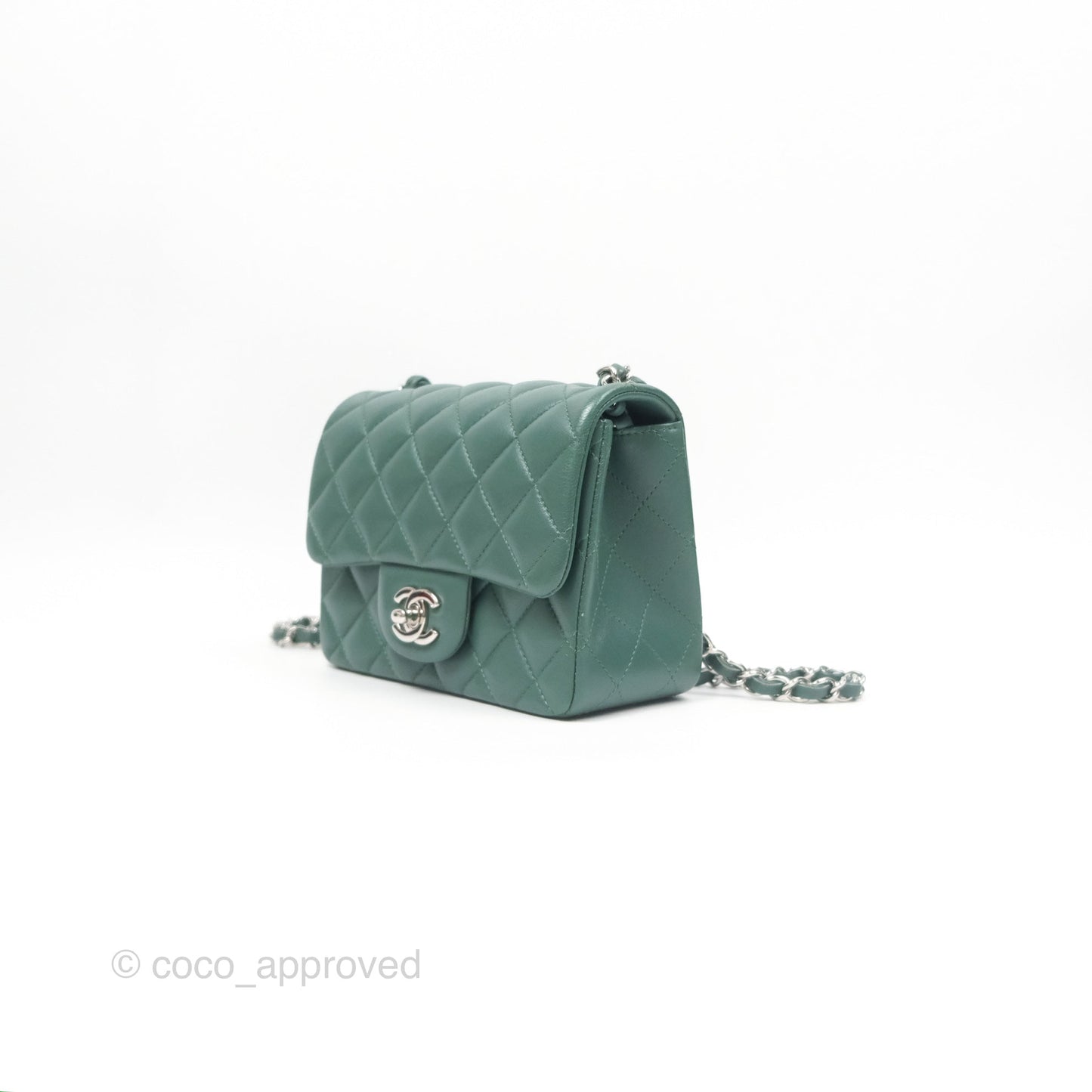 Chanel Mini Square Quilted Green Lambskin Silver Hardware