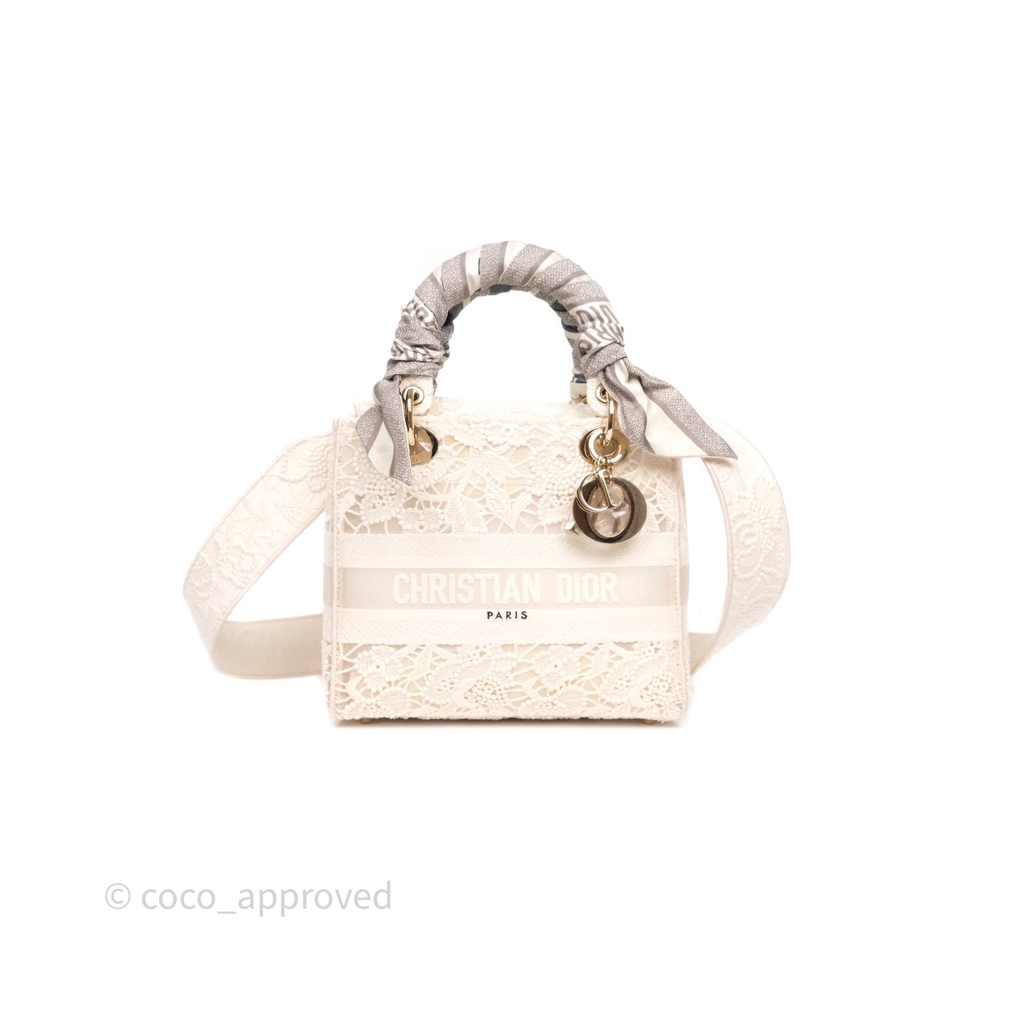 Christian Dior Lace Medium Lady Dior Ivory White Gold Hardware