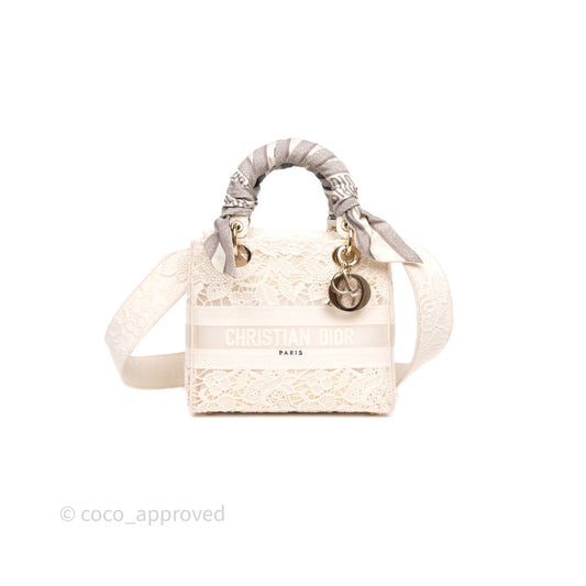 Christian Dior Lace Medium Lady Dior Ivory White Gold Hardware