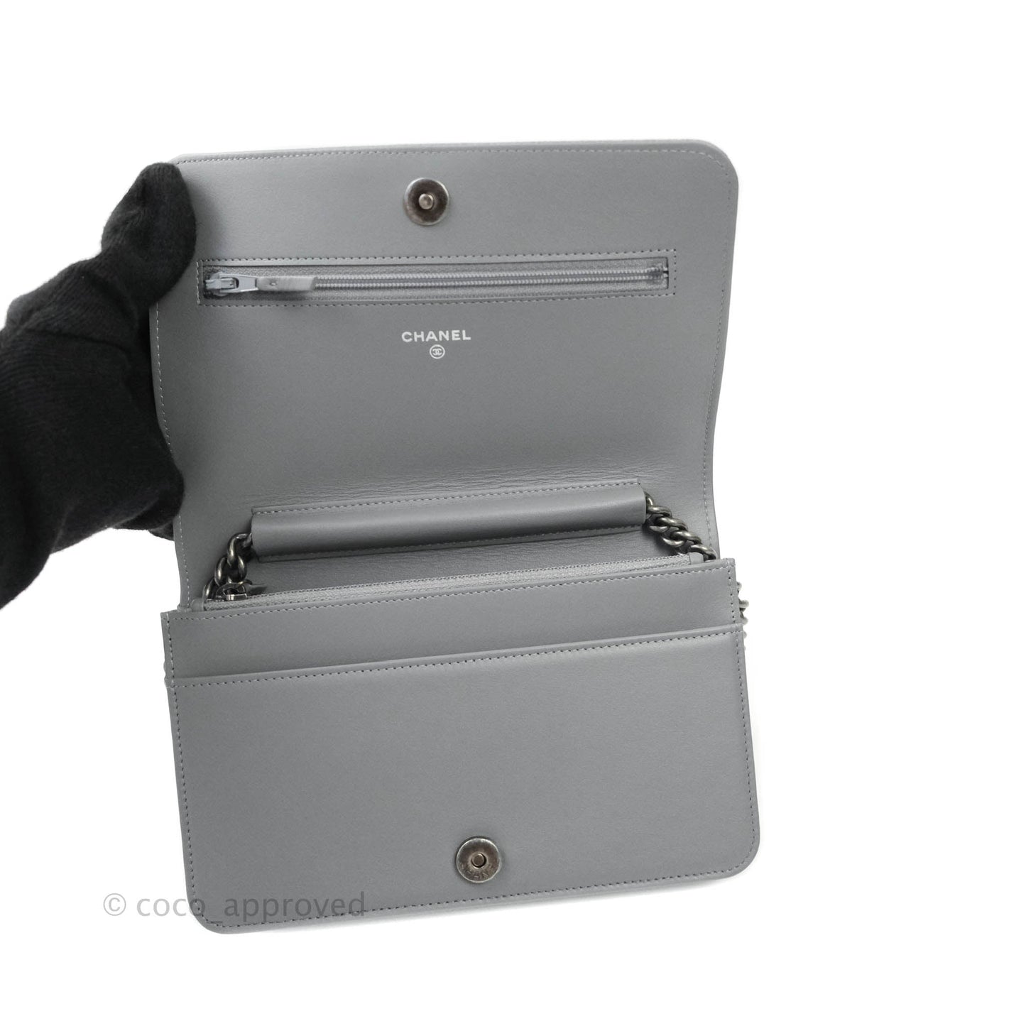 Chanel Chevron Boy Wallet on Chain WOC Grey Caviar Ruthenium Hardware