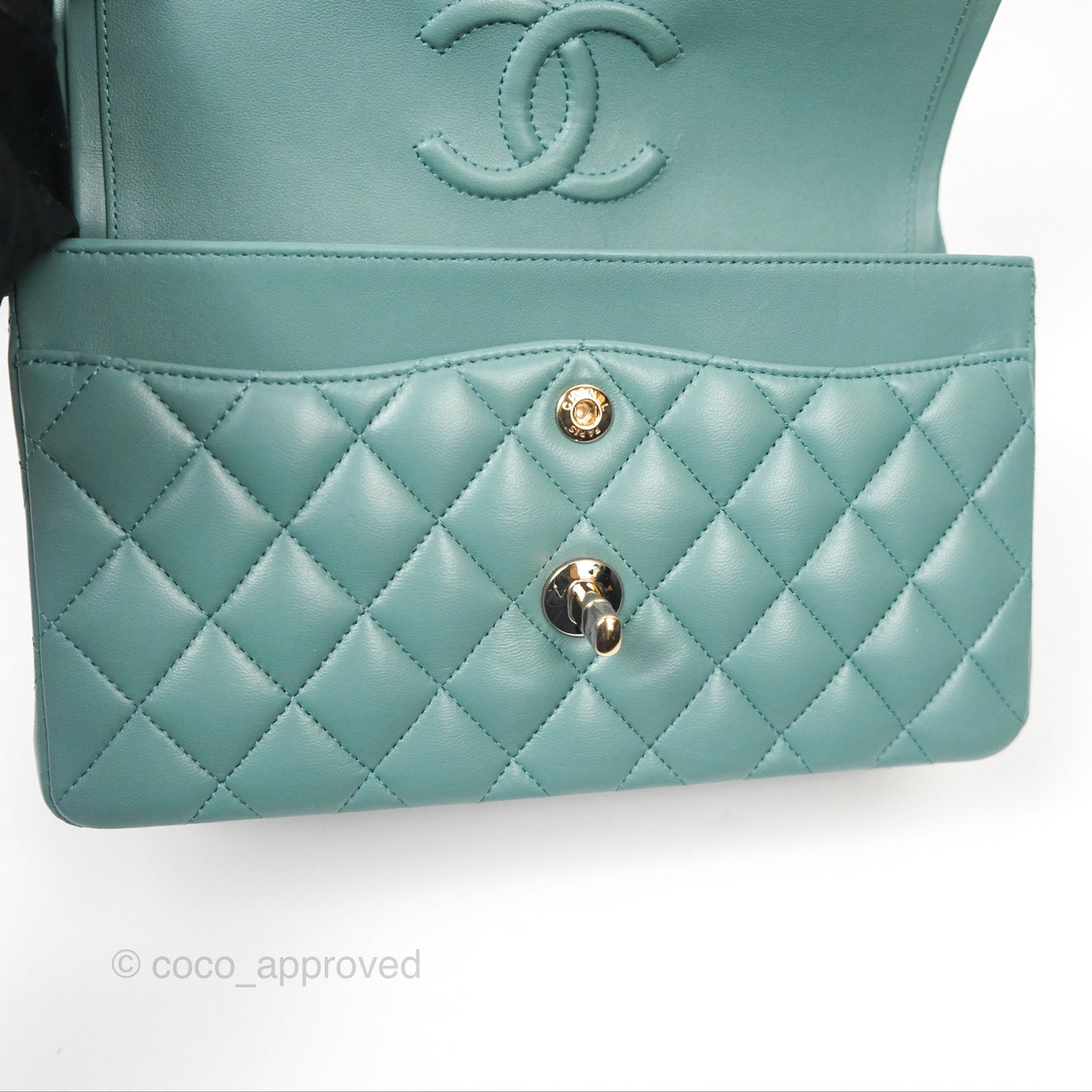Chanel Small Quilted Classic Flap Dark Tiffany Green Lambskin Gold Hardware