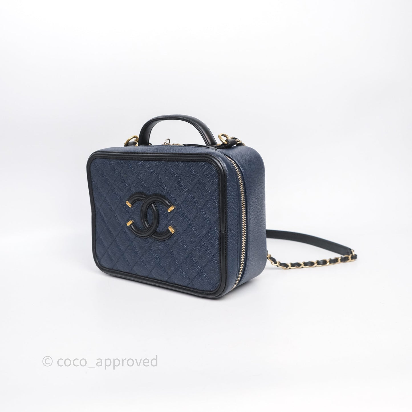 Chanel Quilted Large CC Filigree Vanity Case Navy Black Caviar Aged Gold Hardware