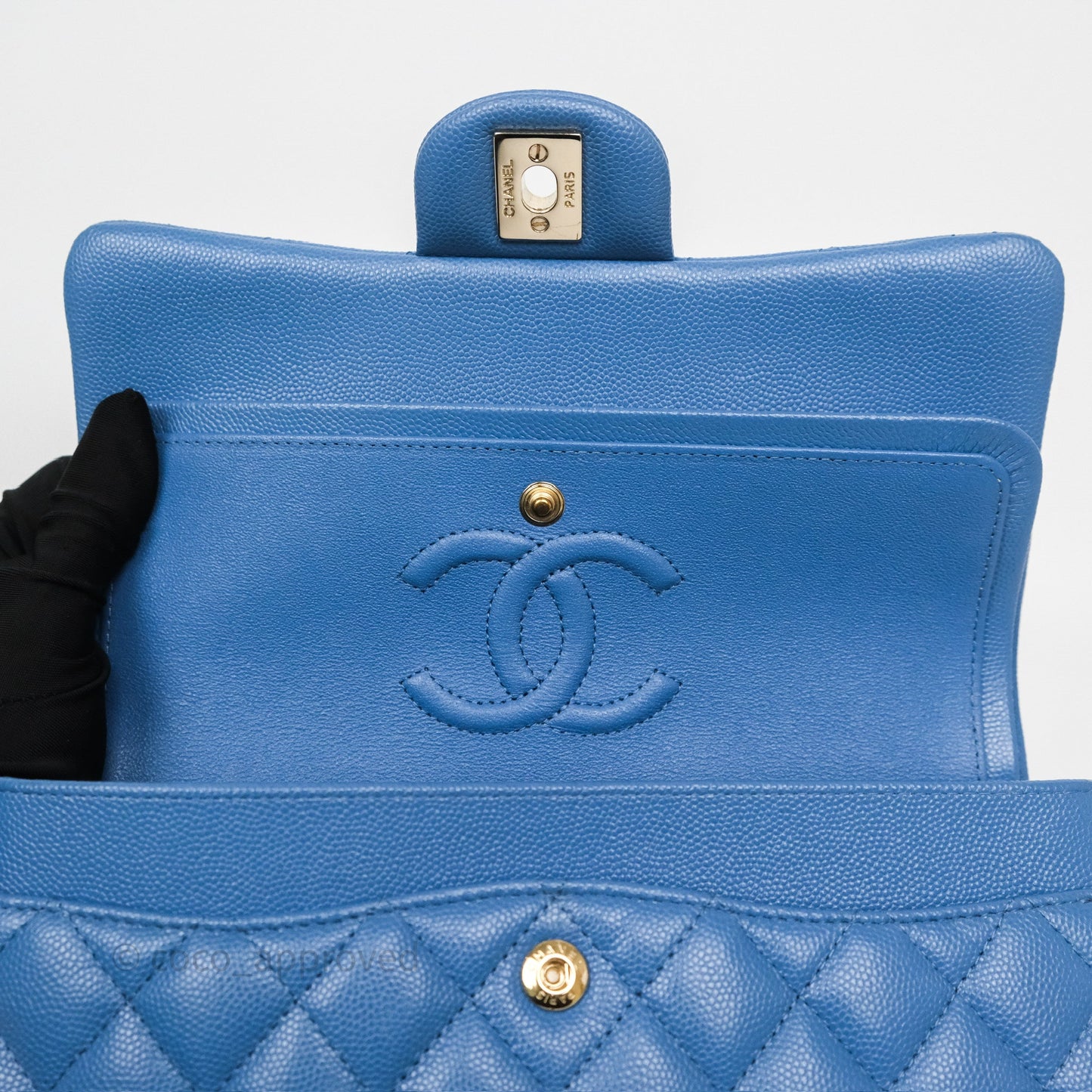 Chanel Small Classic Quilted Flap Blue Caviar Gold Hardware