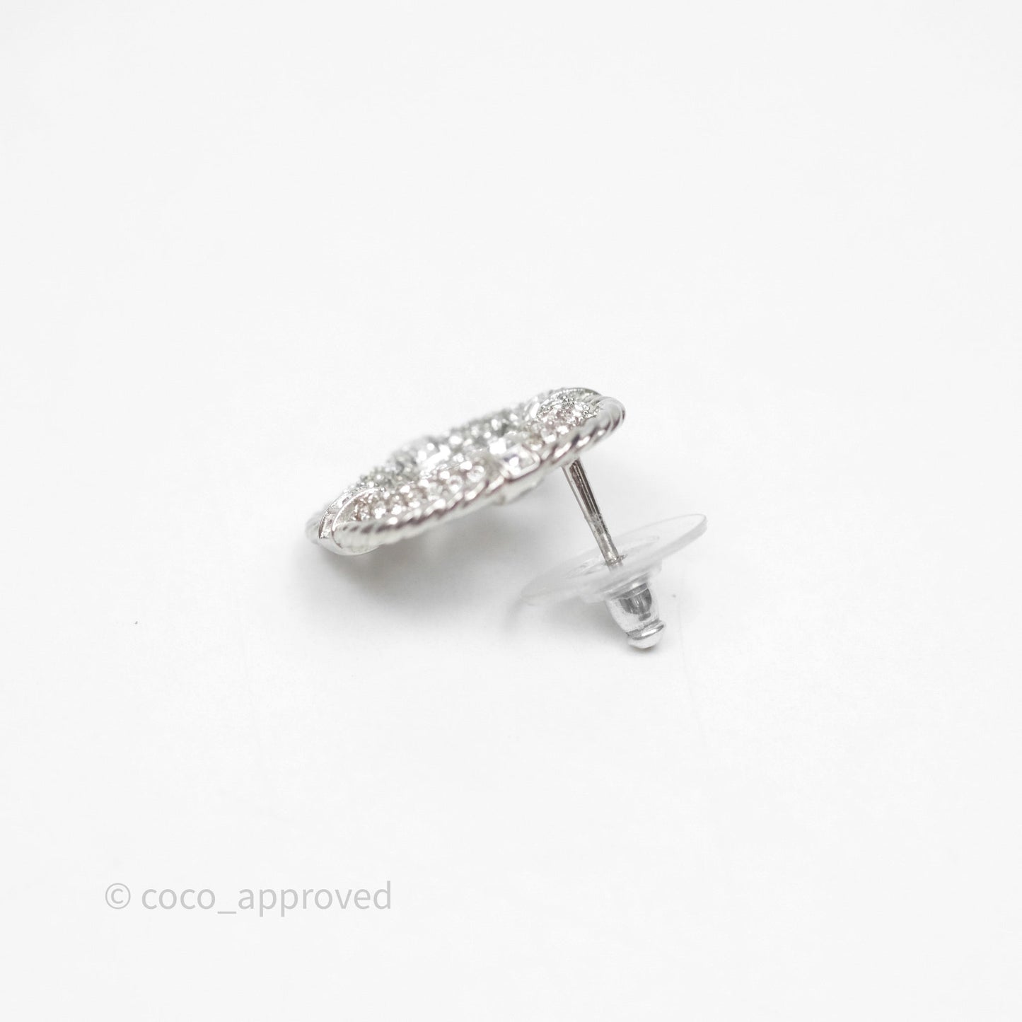 Chanel Crystal CC Square Round Earrings Silver Tone 19C