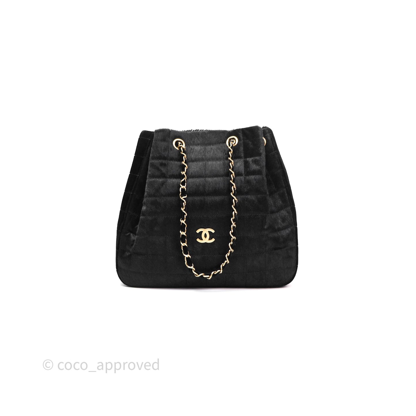 Chanel Vintage Quilted Drawstring Tote Bag Pony Hair Velvet Gold Hardware