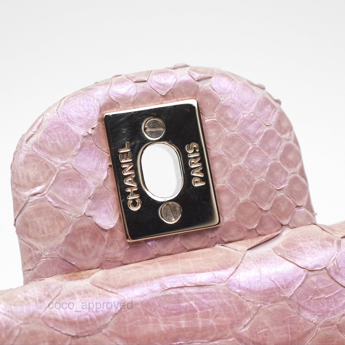 Chanel Classic M/L Medium Flap Quilted Iridescent Pink Python Gold Hardware