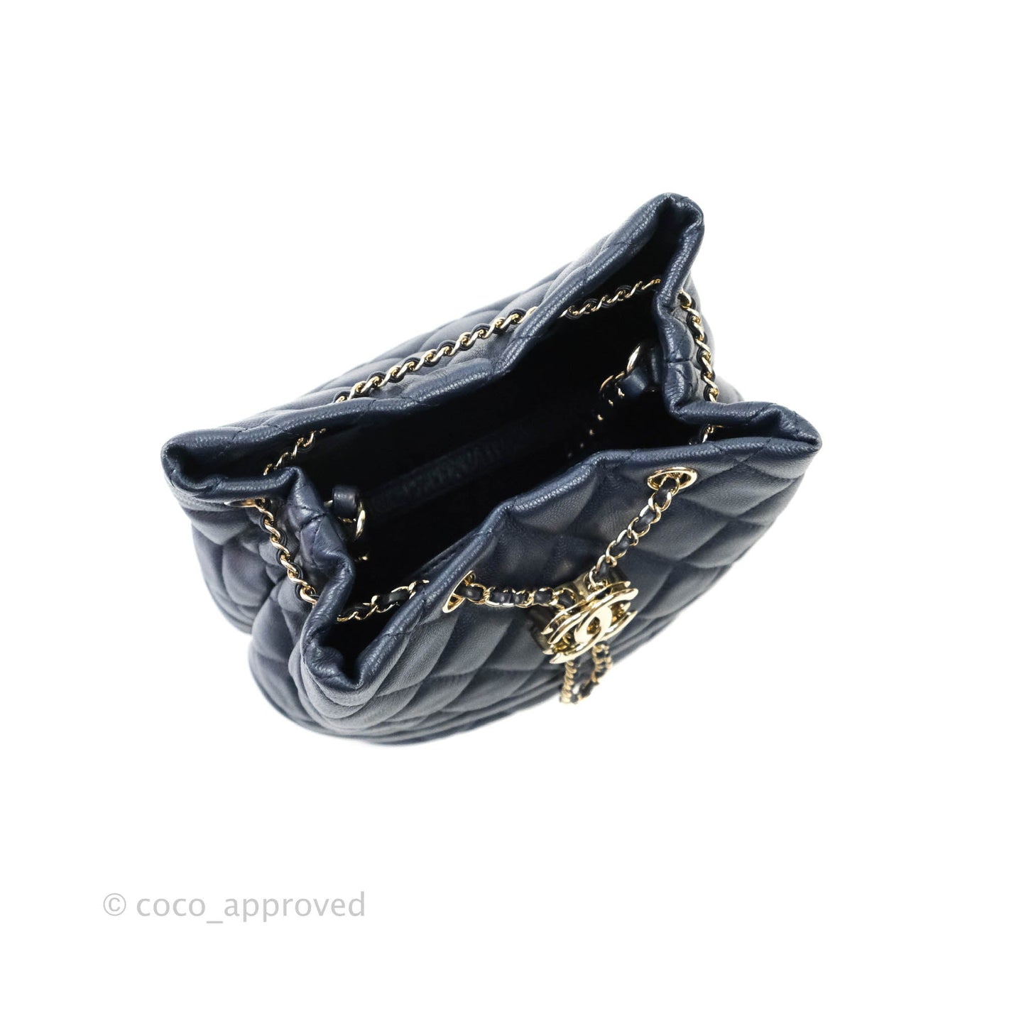 Chanel Caviar Quilted Rolled Up Bucket Drawstring Bag Navy Gold Hardware