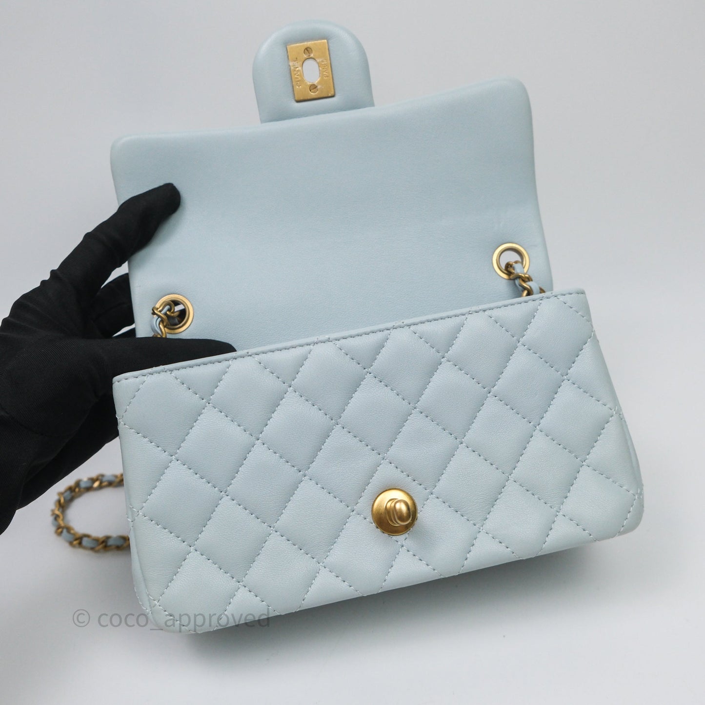 Chanel Pearl Crush Mini Rectangular Light Blue Lambskin Aged Gold Hardware