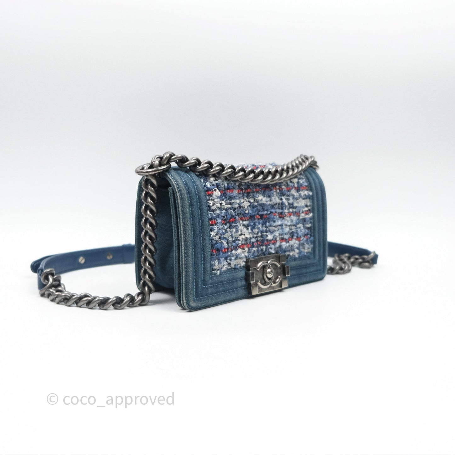 Chanel Small Boy Blue Denim Tweed Ruthenium Hardware
