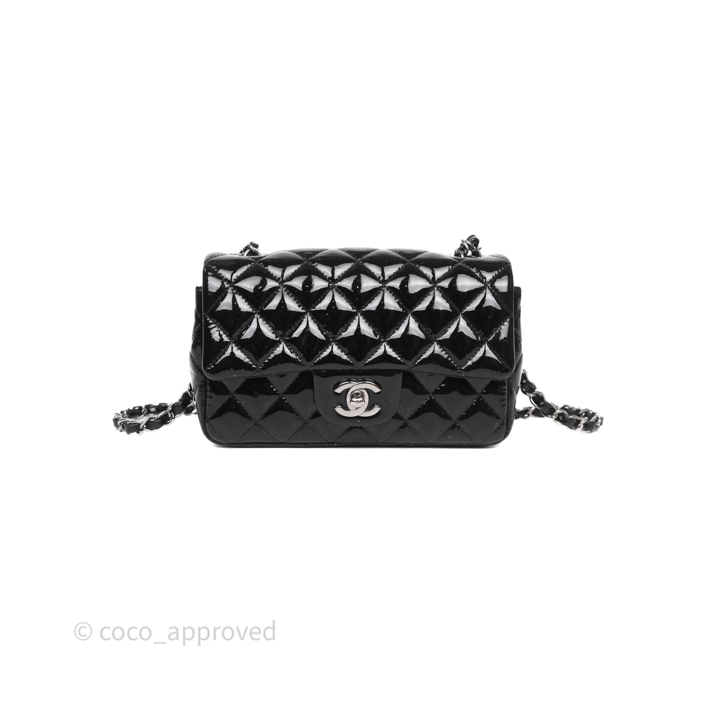 Chanel Quilted Mini Rectangular Flap Black Patent Silver Hardware