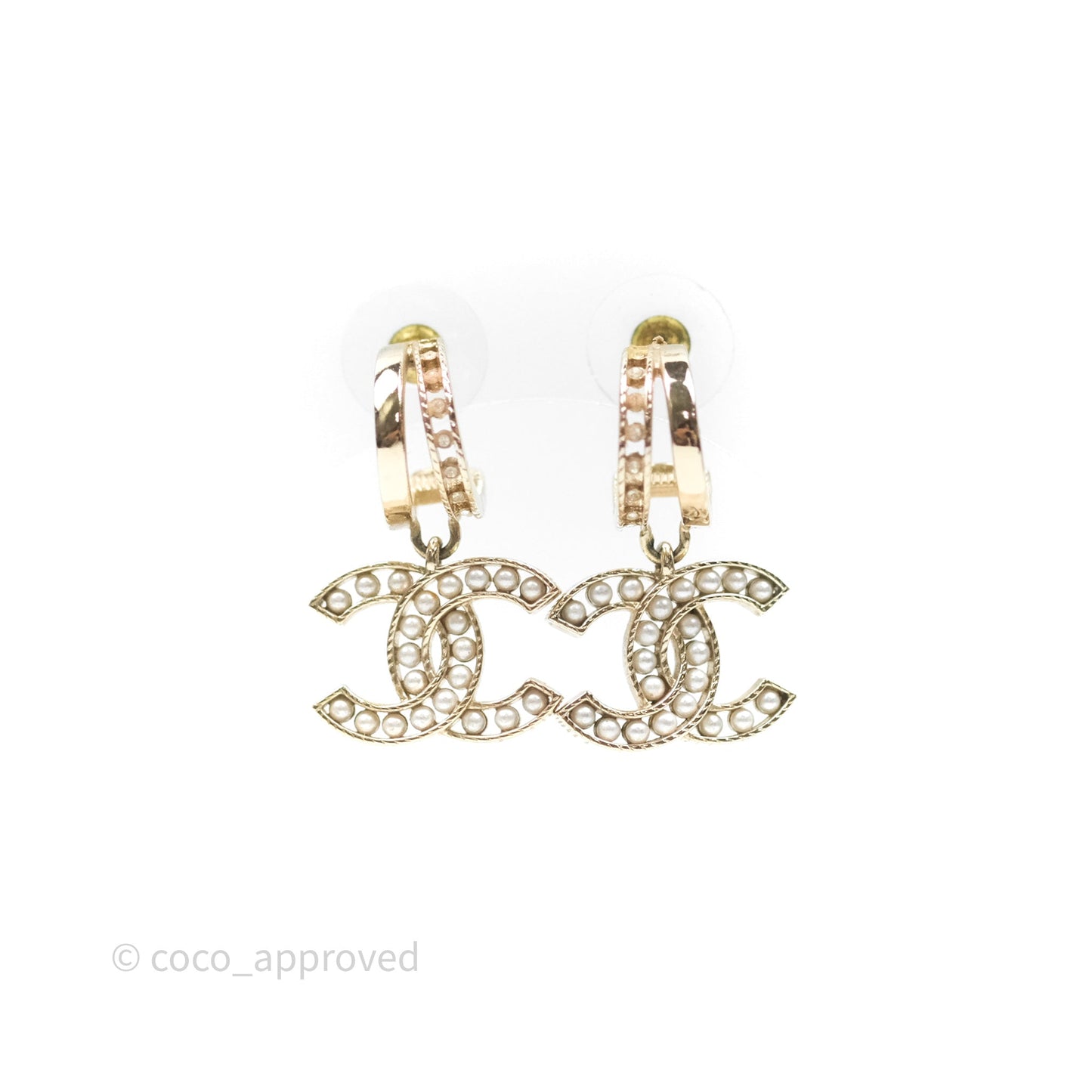 Chanel Pearl CC Crystal Double Hoop Earrings Gold Tone 21B