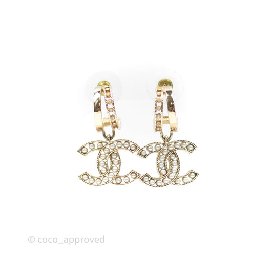 Chanel Pearl CC Crystal Double Hoop Earrings Gold Tone 21B