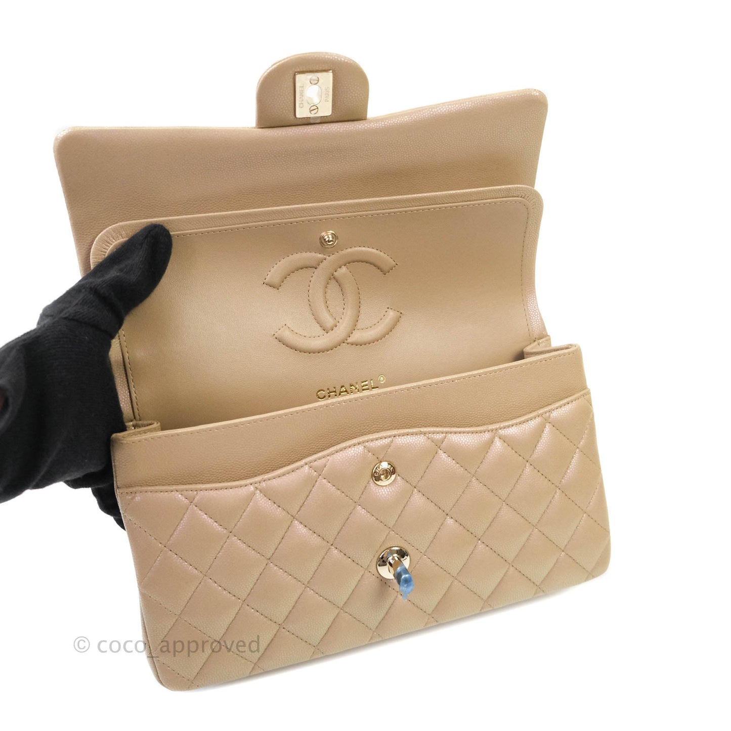 Chanel M/L Medium Double Flap Bag Iridescent Dark Beige Caviar Gold Hardware 21S