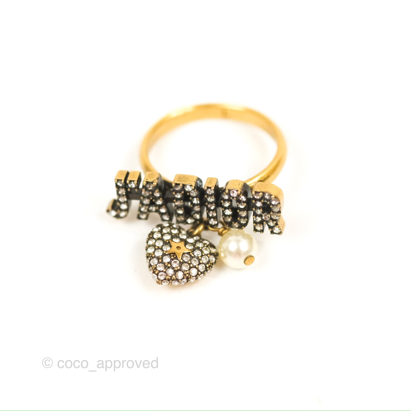 Dior J'adior Crystal Drop Charm Ring Set Antique Gold Tone