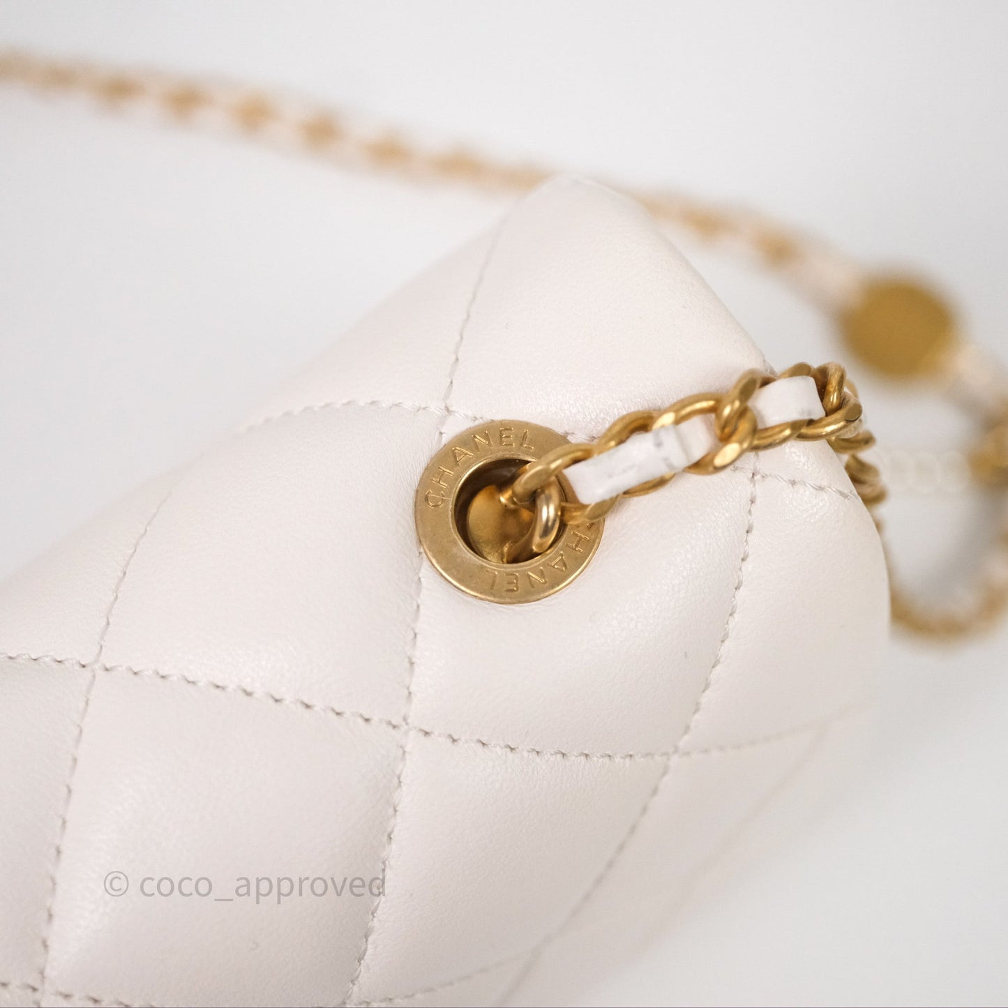 Chanel Flap Bag with Pearl Chain Ivory White Aged Gold Hardware 25P