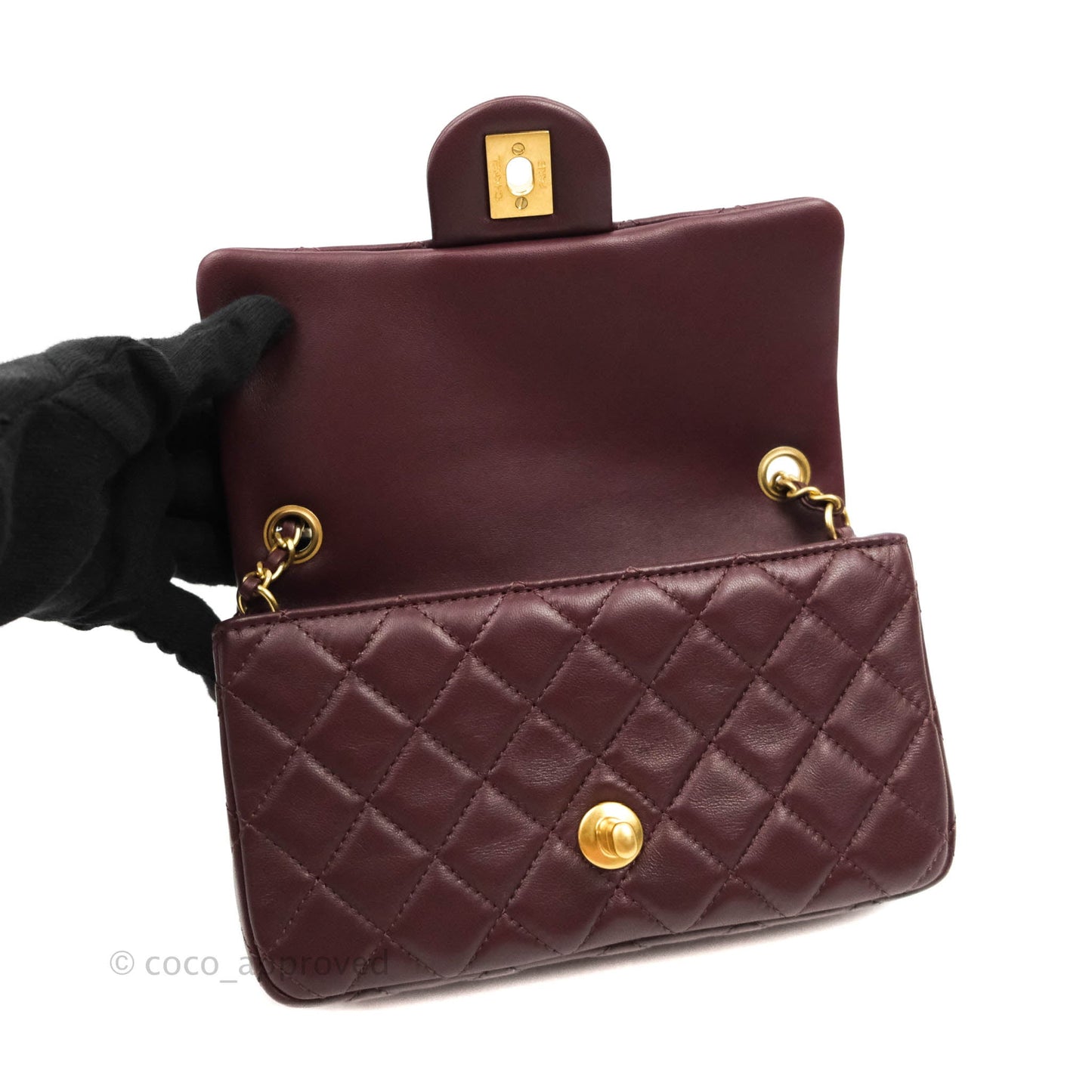 Chanel Mini Rectangular Pearl Crush Quilted Maroon Red Lambskin Gold Hardware
