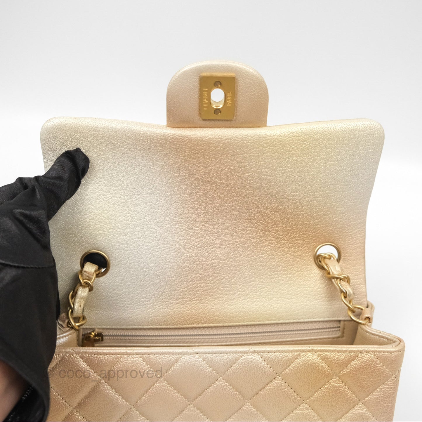 Chanel Mini Rectangular Flap Beige Ombre Iridescent Goatskin Aged Gold Hardware 22C