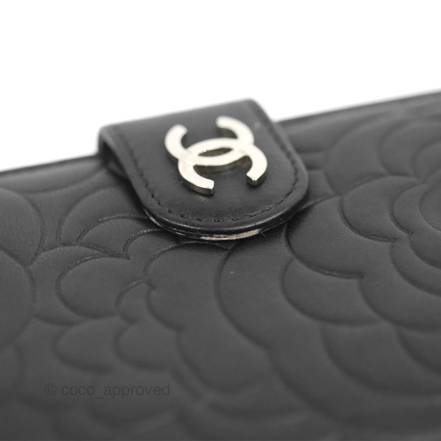 Chanel Wallet Black Camellia Embossed Lambskin Silver Hardware
