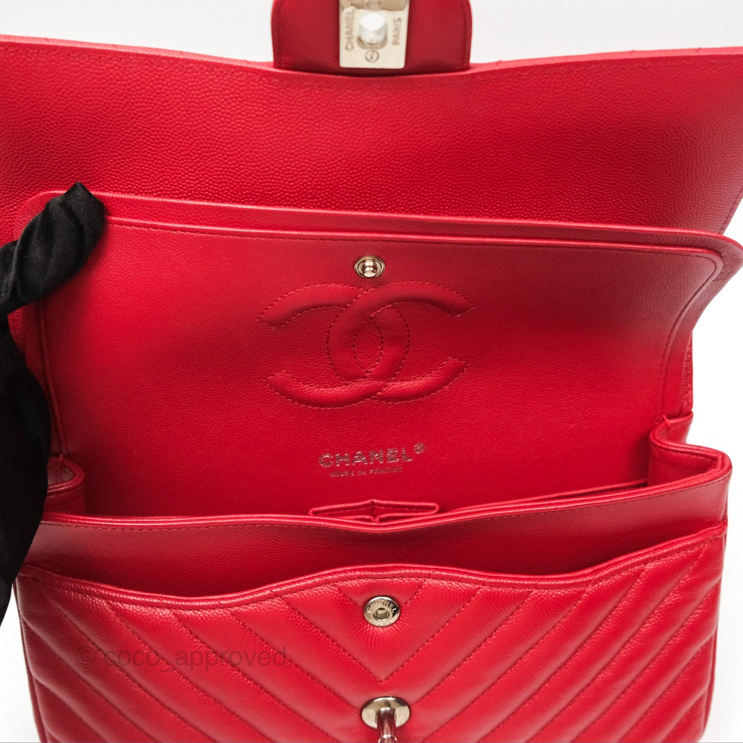 Chanel Medium Classic Flap Chevron Red Caviar Silver Hardware