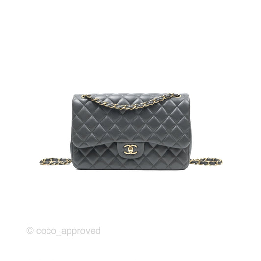 Chanel Jumbo Double Flap Dark Grey Lambskin Brushed Gold Hardware⁣⁣