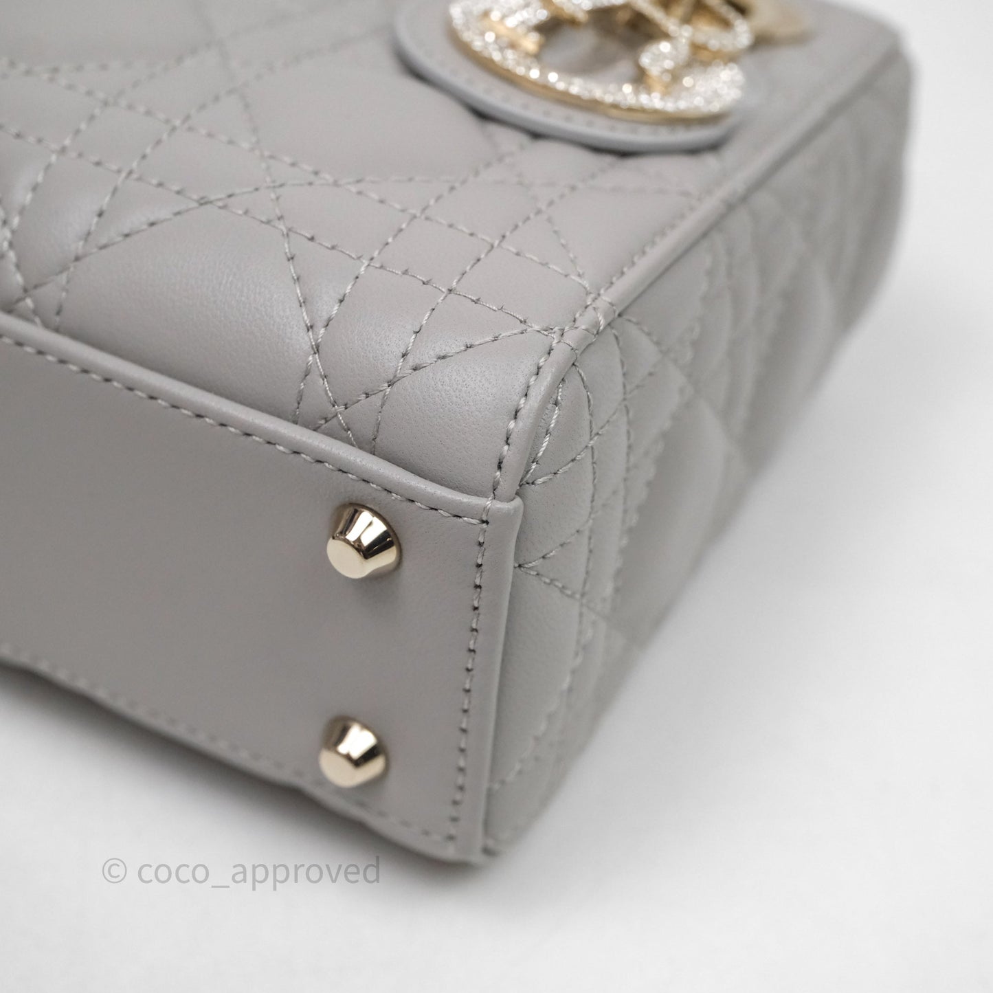 Christian Dior Mini Lady Dior Gray Lambskin Cannage Diamonds Gold Hardware