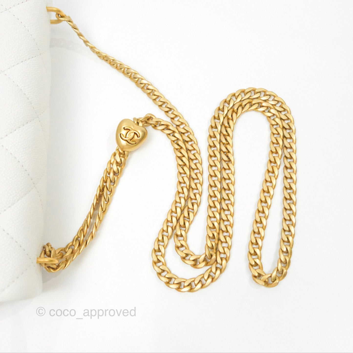 Chanel Large Flap Bag Heart Adjustable Chain White Caviar Aged Gold Hardware