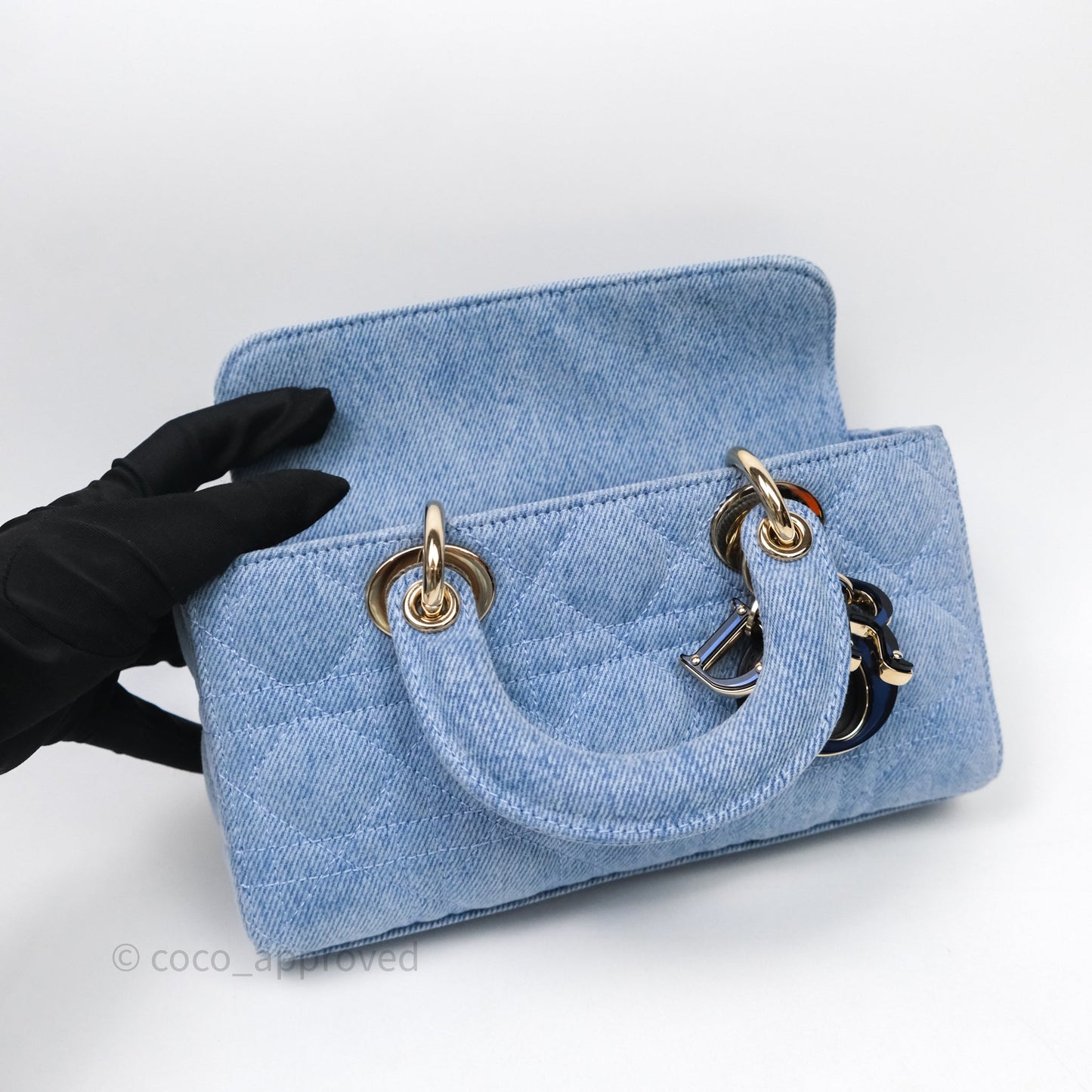 Christian Dior Small Lady D-Joy Bag Washed Blue Denim Cannage Gold Hardware