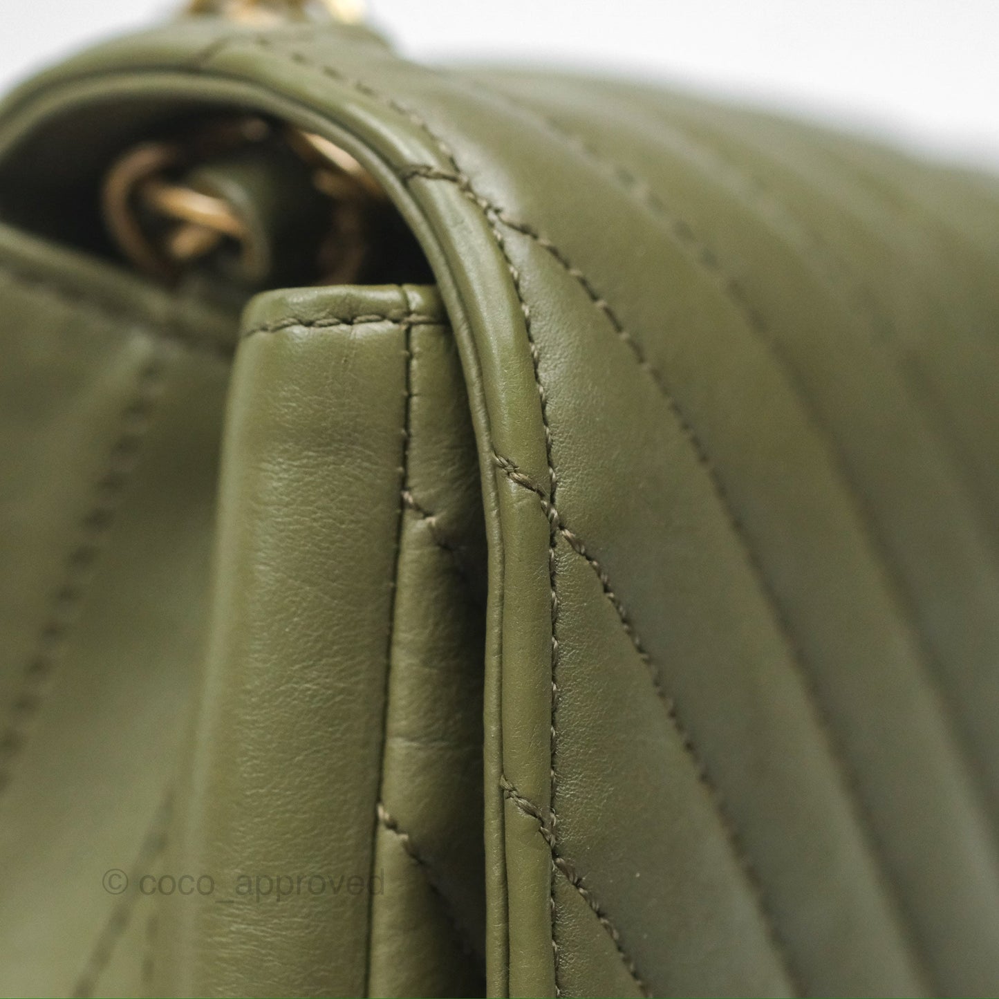 Chanel Mini Square Flap Chevron Olive Green Calfskin Gold Hardware