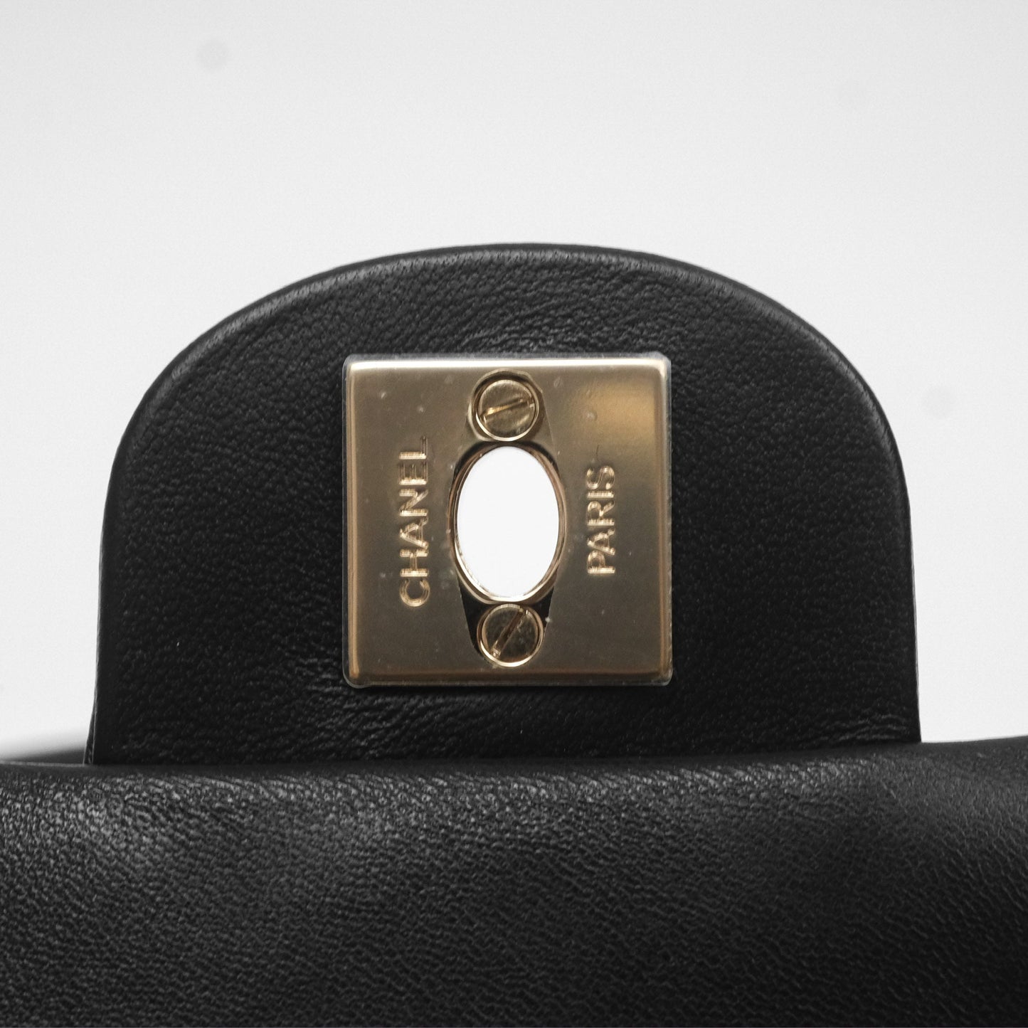 Chanel Logo Pearl Chain Flap Bag Black Lambskin Gold Hardware