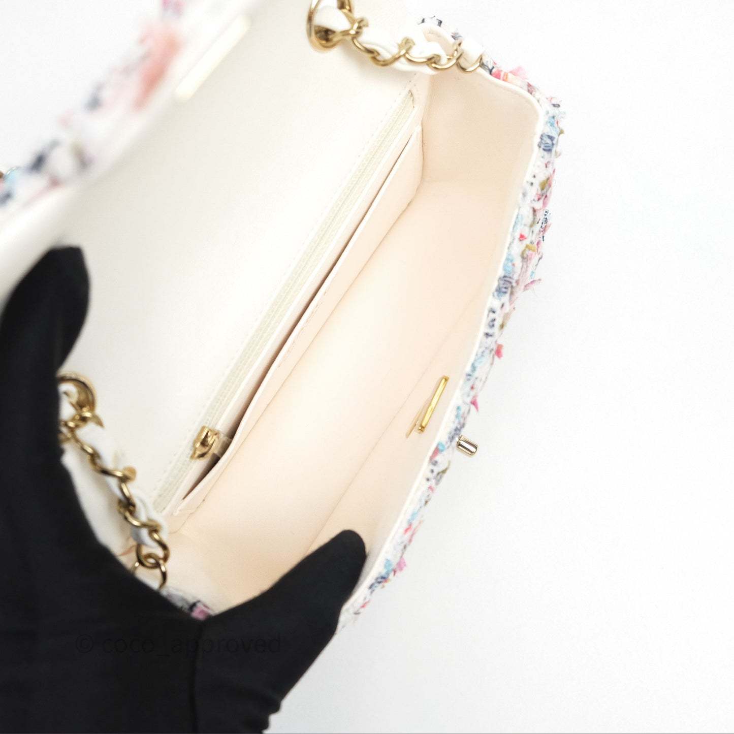 Chanel Tweed Quilted Mini Rectangular Flap Pink Tweed Gold Hardware 22K